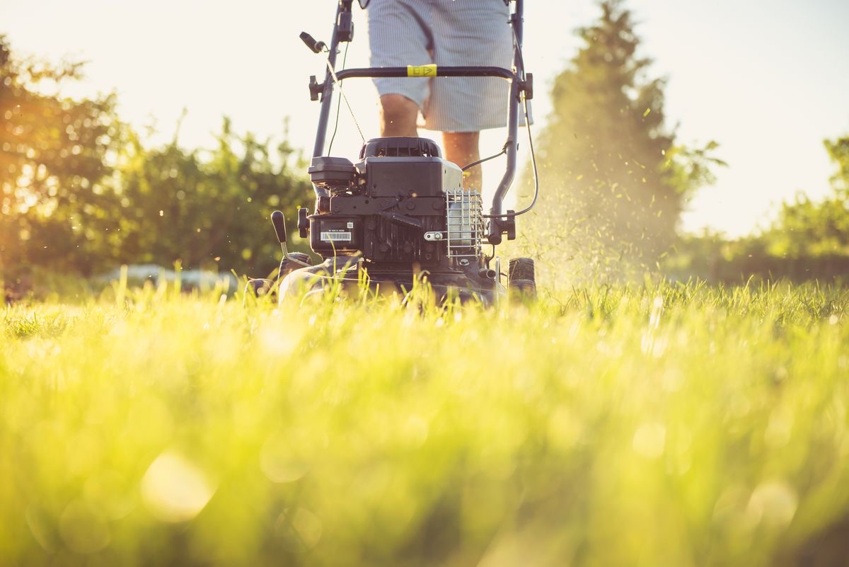 A landscaper mowing at golden hour