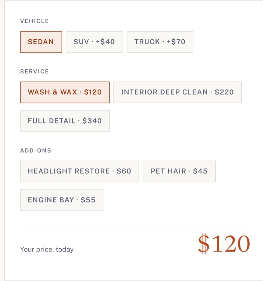 Job calculator with options and a live price