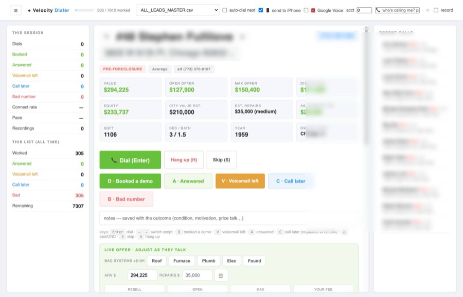Dialing console with live offer maths