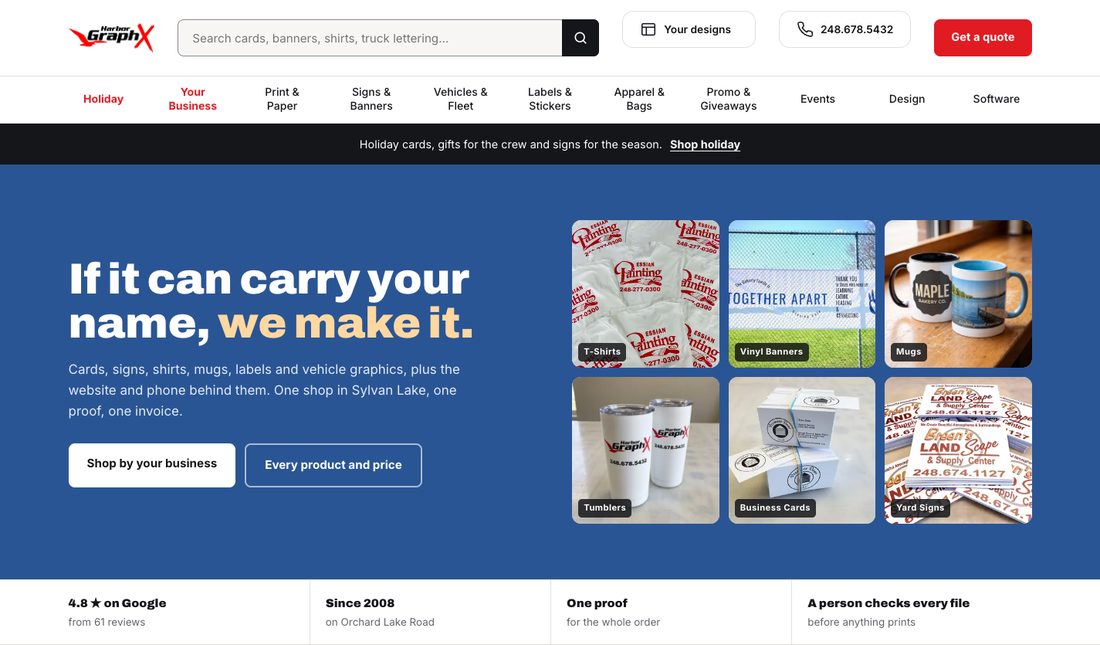 The Harbor GraphX home page: products grouped by what a business needs, with prices and a design studio behind each