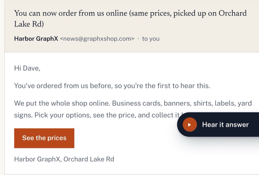 An automated email as it lands