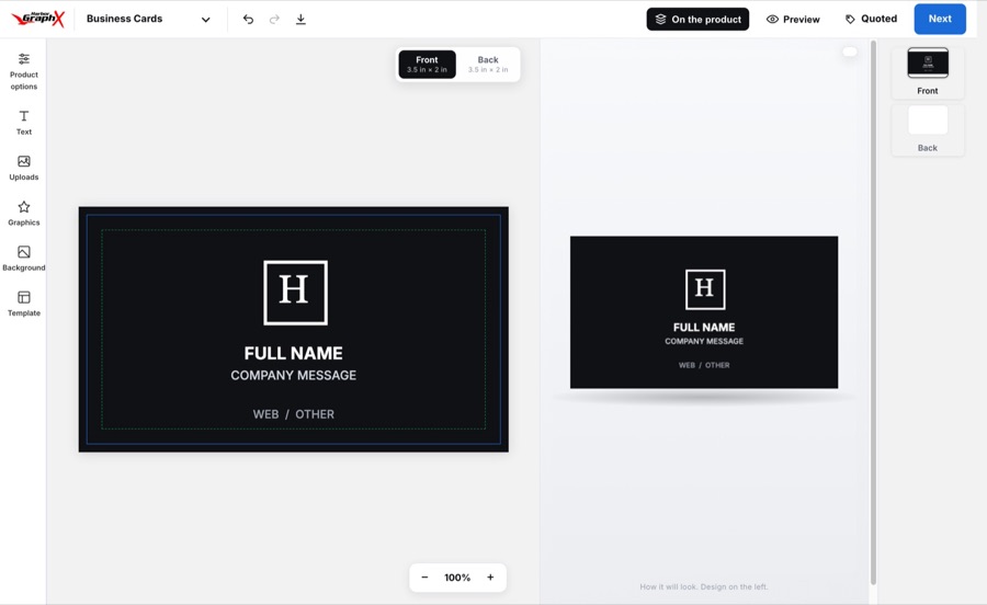 Business card design studio inside a print shop site