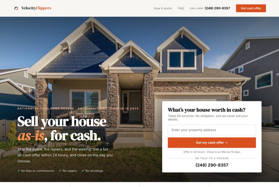 Velocity Flippers cash-offer website